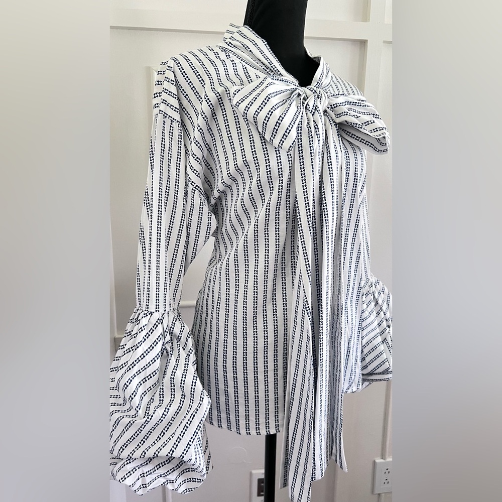White and Blue Striped Long Balloon Sleeve Tie Collar Blouse NWOT Boutique Brand